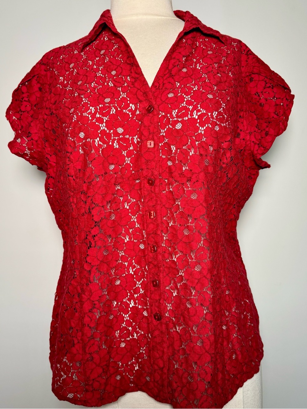 Emma James Red Floral Lace Button Down Shirt